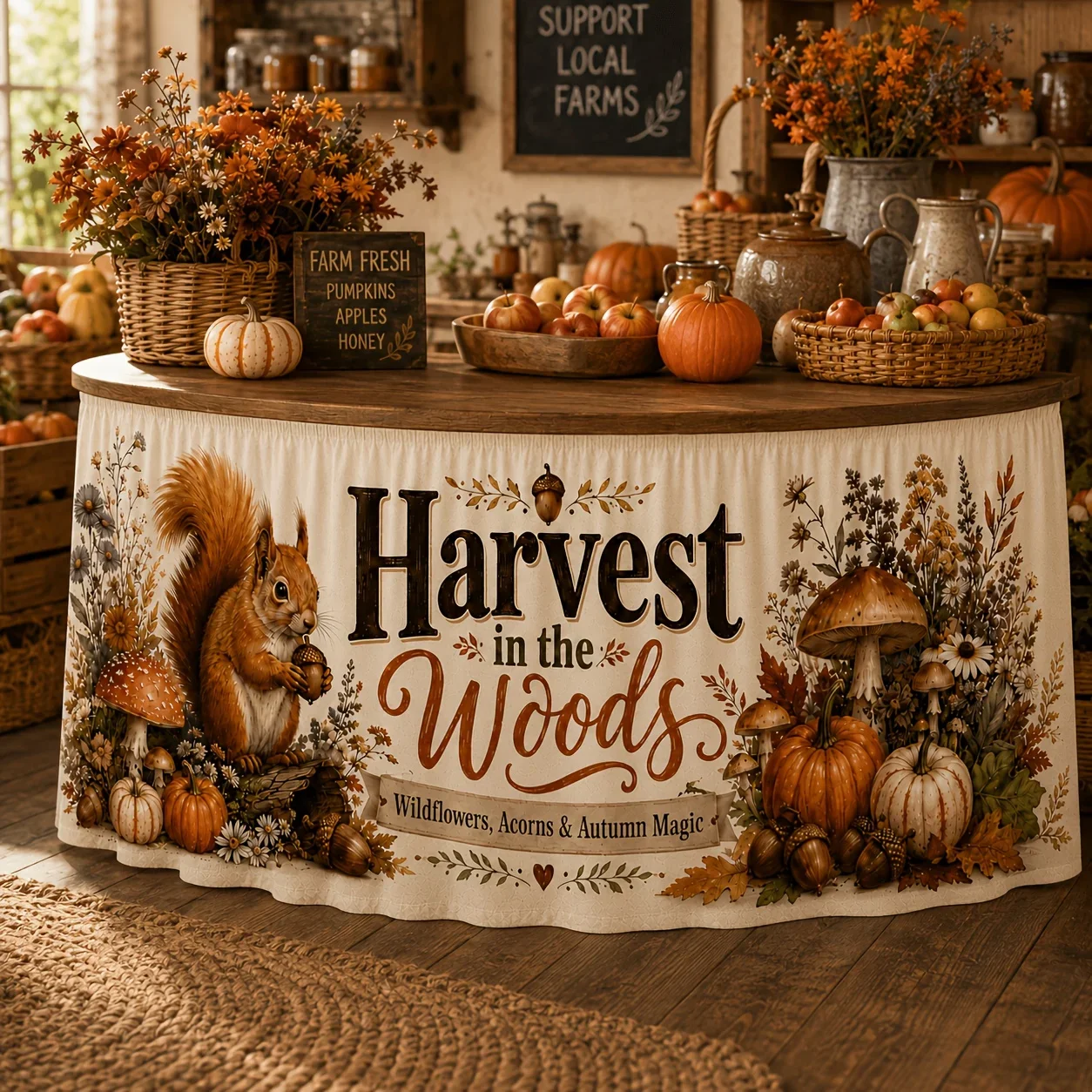 One-piece harvest table skirt, suitable for table cover, featuring squirrels, acorns, pumpkins,