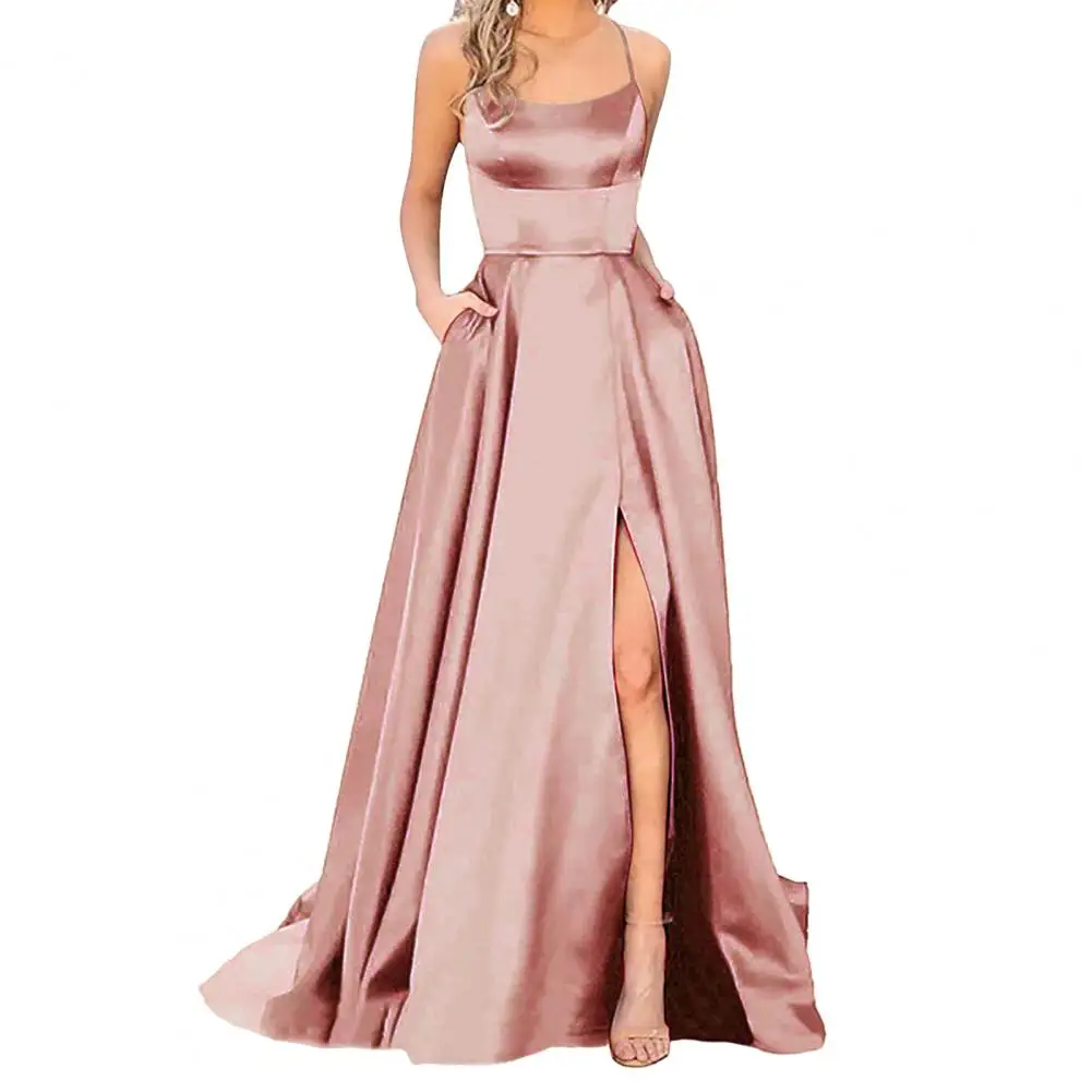 Satin Frauen Abendkleid hoher Schlitz ärmellose Seiten taschen Hosenträger Kleid a-Linie bodenlangen Abschluss ball Bankett Party Maxi kleid