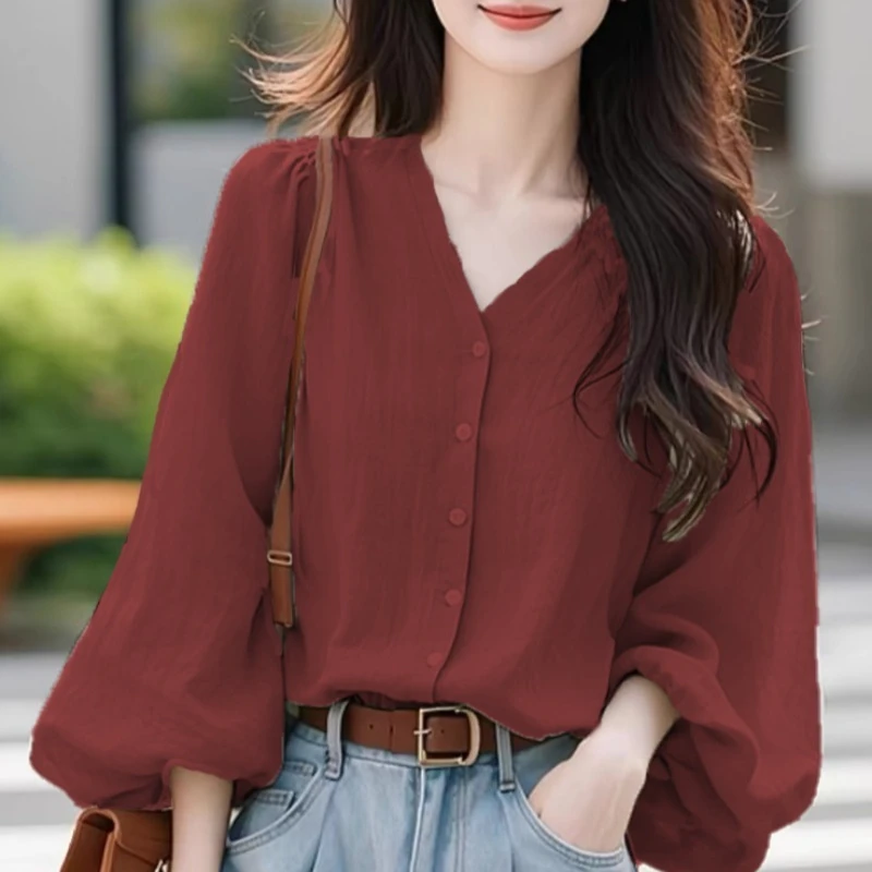 

Vintage Women's Blouses Chiffon Casual Shirts Fashion Loose Summer Korean Clothing Long Sleeved Solid Color V-neck Women Tops