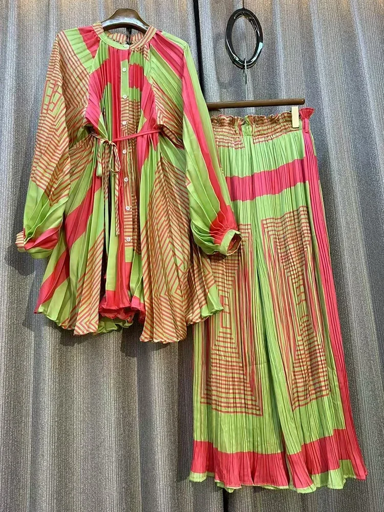

Designer style retro geometric printed pleated shirt two-piece set for autumn 2025 women's clothing+loose wide leg pants set