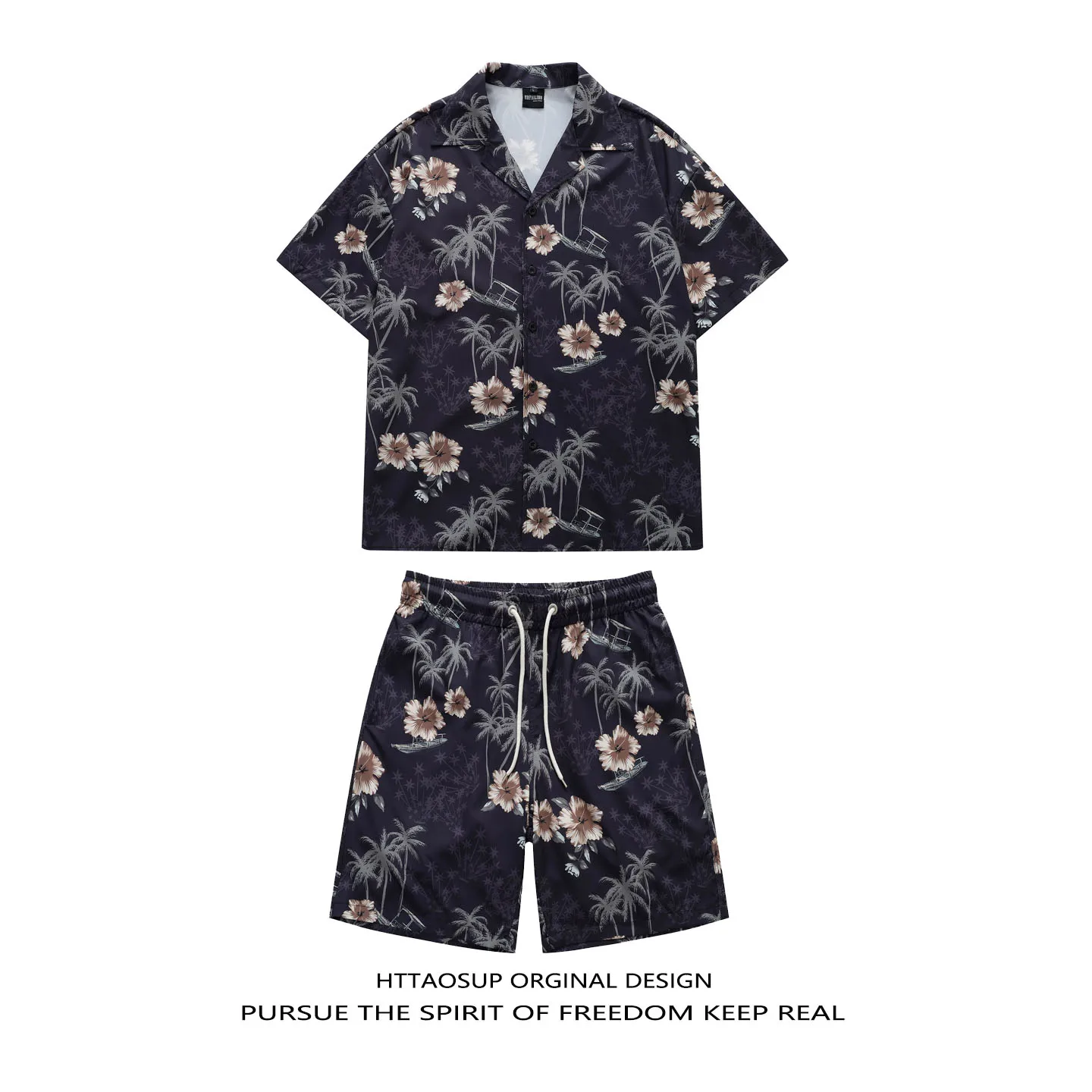 HTTAOSUP Summer Hawaiian Print Loose Men's Short Sleeve Shirt Set Beach Casual Style Two-Piece Suit Polyester Fiber
