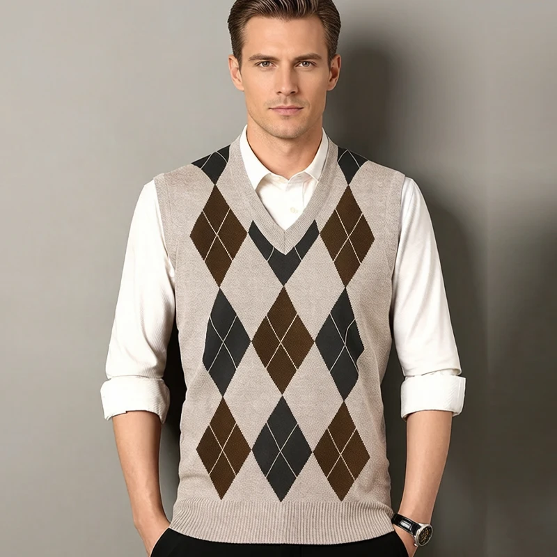 

Классический мужской свитер-жилет из супермягкой ткани, без рукавов, с V-образным вырезом, приталенный, в стиле casual, в стиле колледж, пуловер.