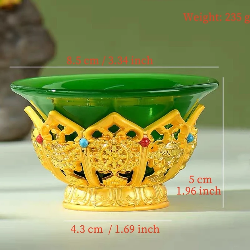 Cuenco tibetano dorado de aleación, taza de agua bendita tántrica, cuenco de piedra verde budista con gemas incrustadas grabadas, decorativo de escritorio, 8,5 cm