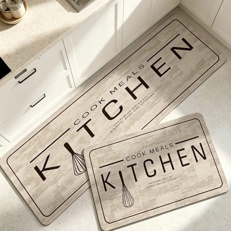 VIKAMA Beige Retro Wooden Kitchen Carpet, Entrance Non Slip Floor Mat, Minimalist Letter Printed Floor Mat, Home Decoration