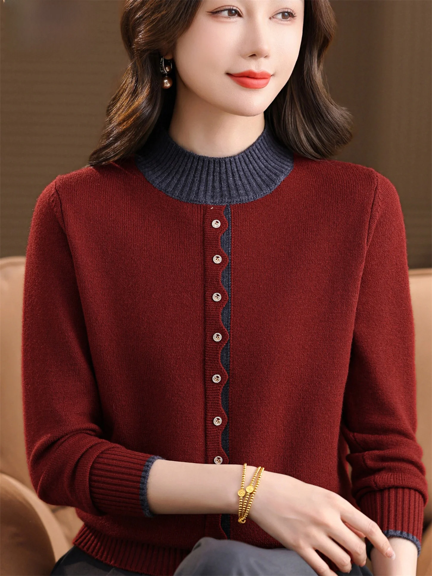 

Thiened Вязаная шерстяная основа irt f Высокий воротник Тепло Mommy Sle Осень Зима Новая мода среднего возраста и ly Wom...