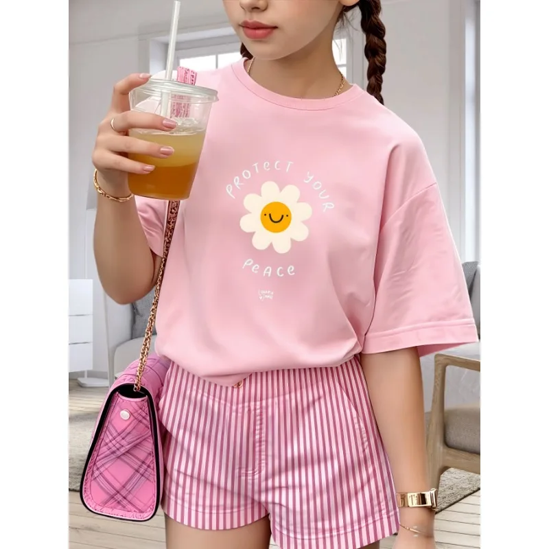 Protect Your Peace Smiley Daisy Circle Letter Print Kids T-shirt Soft Cotton O-Neck Short Sleeve Unisex Boys Girls Summer Casual
