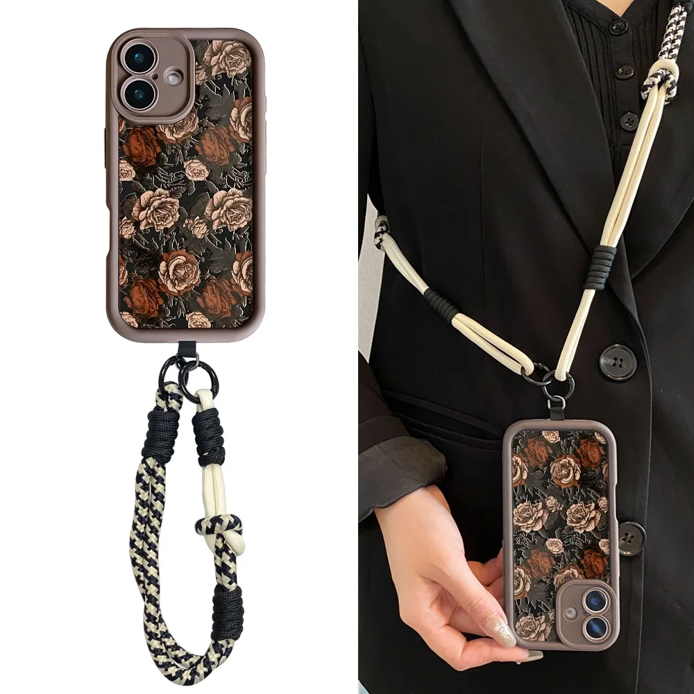 Ypm5 جراب هاتف آيفون 16 15 14 13 12 11 17 برو ماكس XS ماكس XR 7 8 زائد الفاخرة زهرة الورد Crossbody الحبل حزام حبل غطاء #3