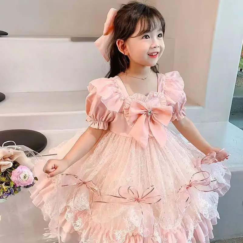 Birthday Party Lolita Dress Girls Kids 2024 Summer Lace Pink Long&Short Sleeve Dress Cute Princess Doll Teen Dress For Girls