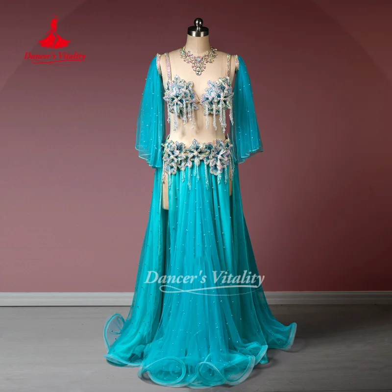 

Belly Dance Costume Custom Senior AB Stones Bra+Sleeves+Long Skirt 3pcs Oriental Dance Competition Clothing Dancer's Vitality