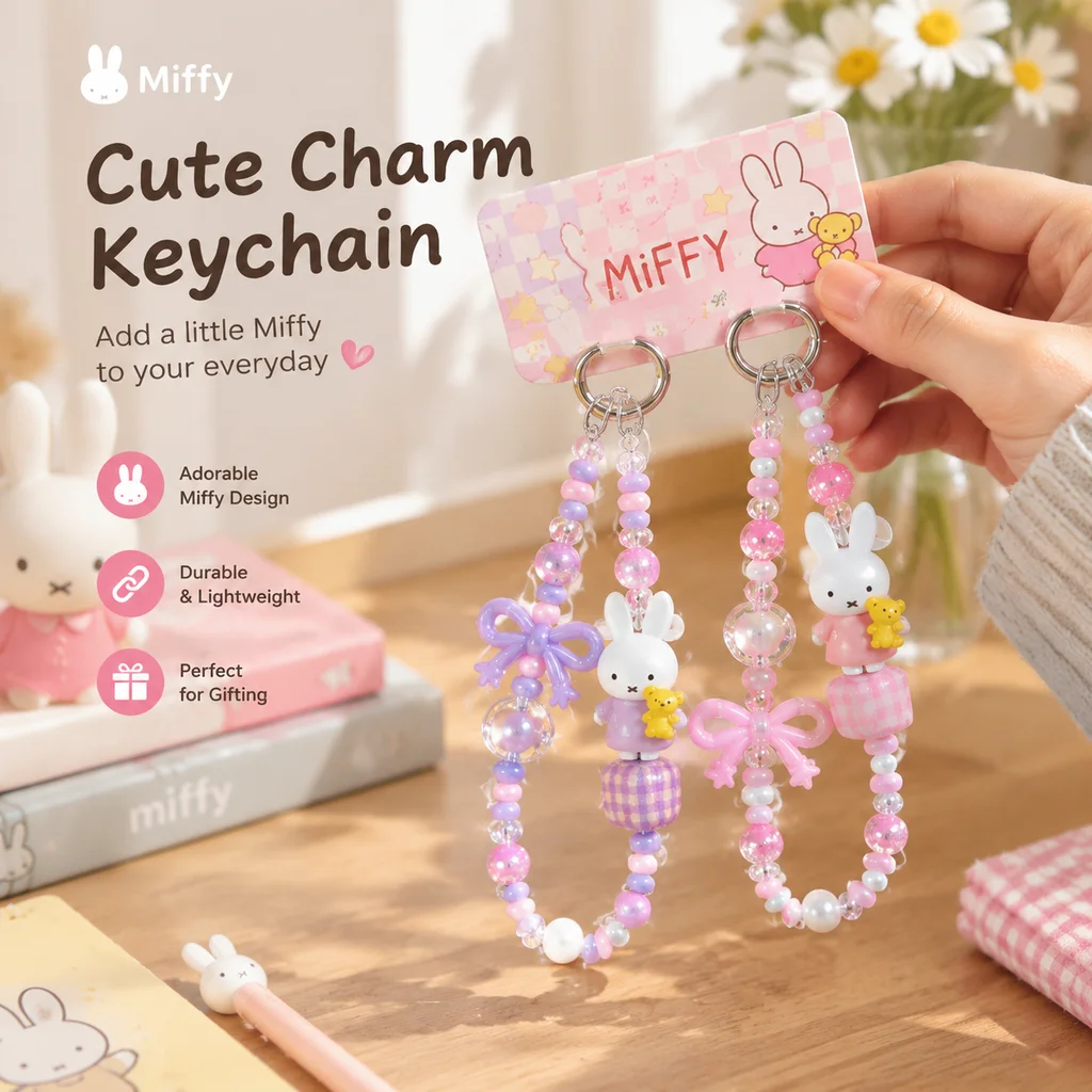 DIY Miffy Beaded Keychain Cute Cartoon Cellphone Charm Necklace Hanging Pendant Ornament Bag Accessory Phone Strap Key Holder
