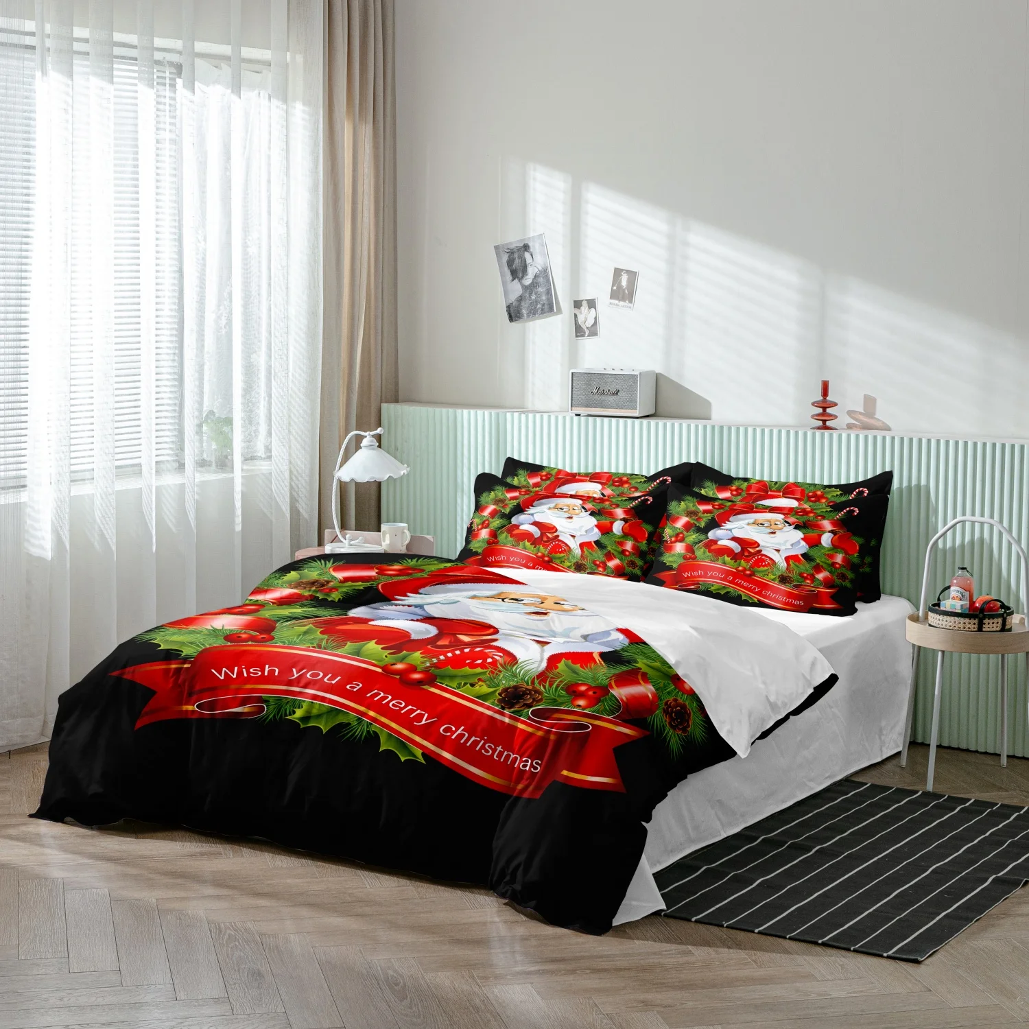  3Pcs Stylish Black Base Santa Claus Christmas Print Duvet Cover Set, Jolly Santa with Pine Wreath Print Bedding,