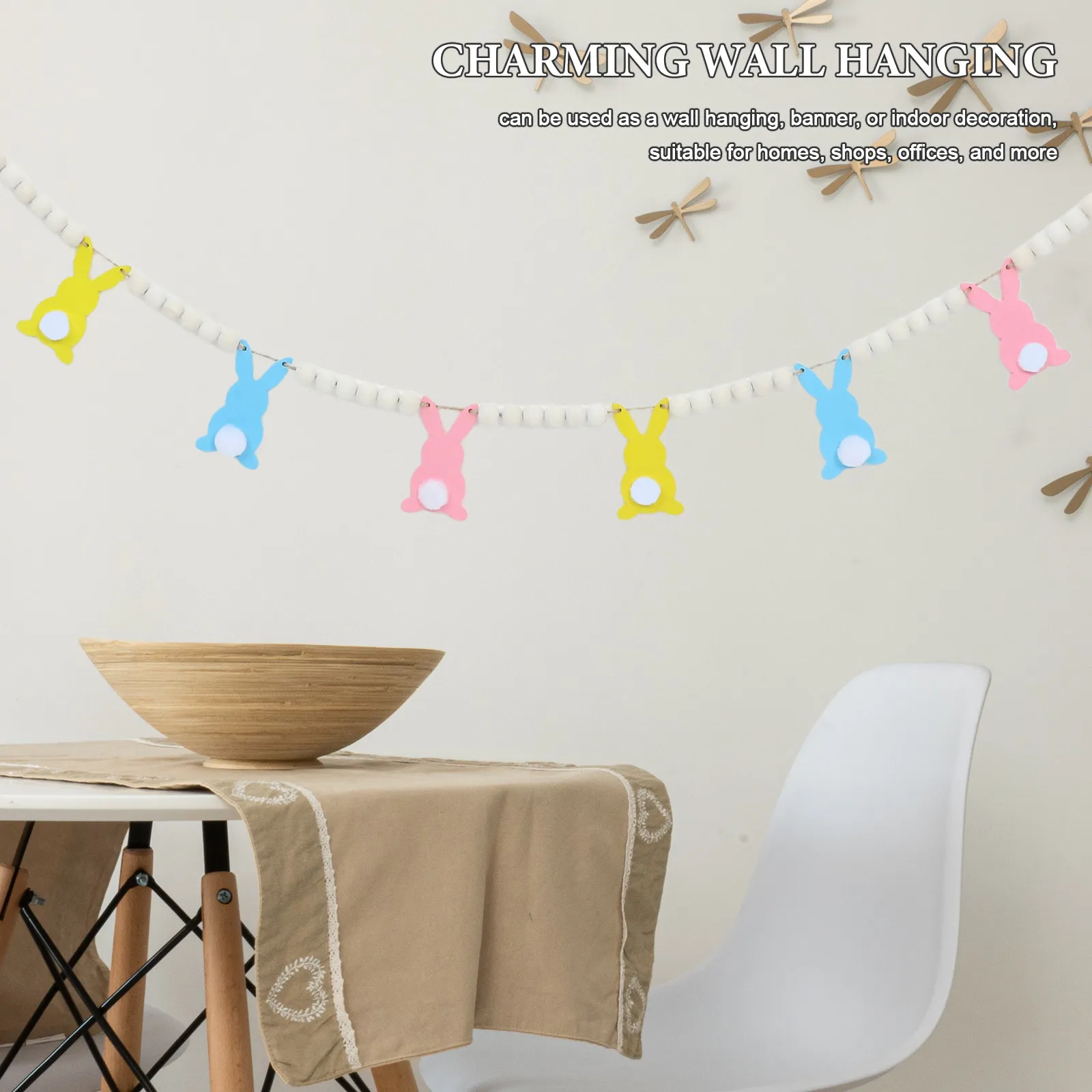 Spring Wood Bead Garland Bunny Hanging Banner Easter Wall Decor Festive Indoor Outdoor Decoration for Porch Mantel Door