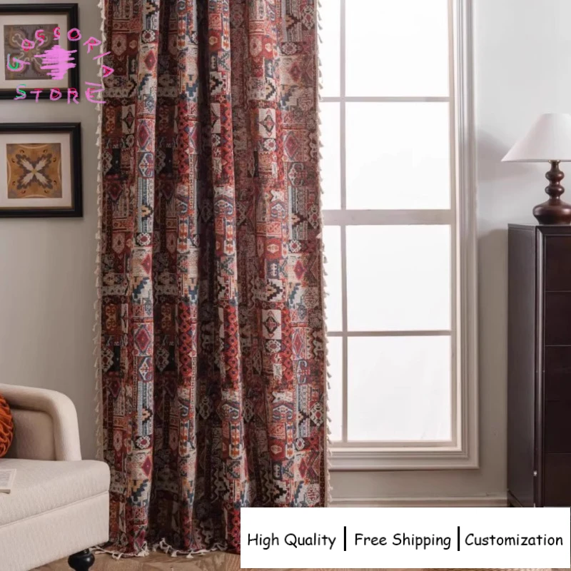

Sample Custom Retro Ethnic American Countryside Curtains for Living Room Bohemian Blackout Kitchen Partition Thermal Insulated