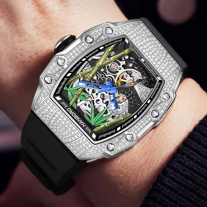 HANBORO Men Automatic Watch Tonneau Mechanical Wristwatch Luminous Sapphire Waterproof Skeleton Panda Bamboo Dial Miyota82S0