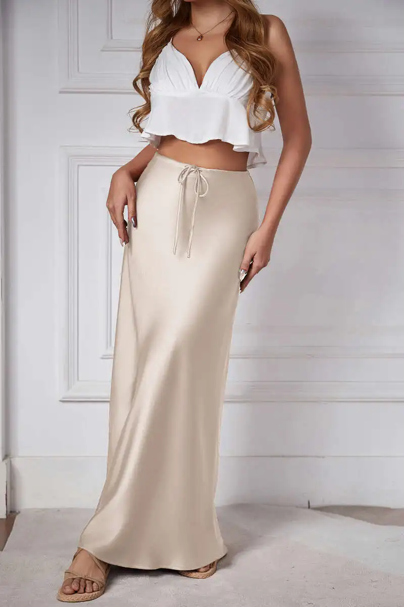 New In 2026 Women's Spring Summer Solid Color Satin Long Skirt High Waist Lace-up Trendy Elegant Faldas Female Beach Maxi Skirts