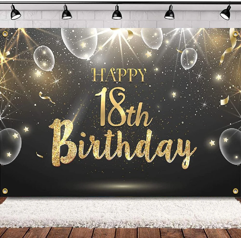 

Photography Backdrop Glitter Shining Banner 18 Years Old 18th Birthday Decor Party Background For Girls Boys - Black Gold Poster