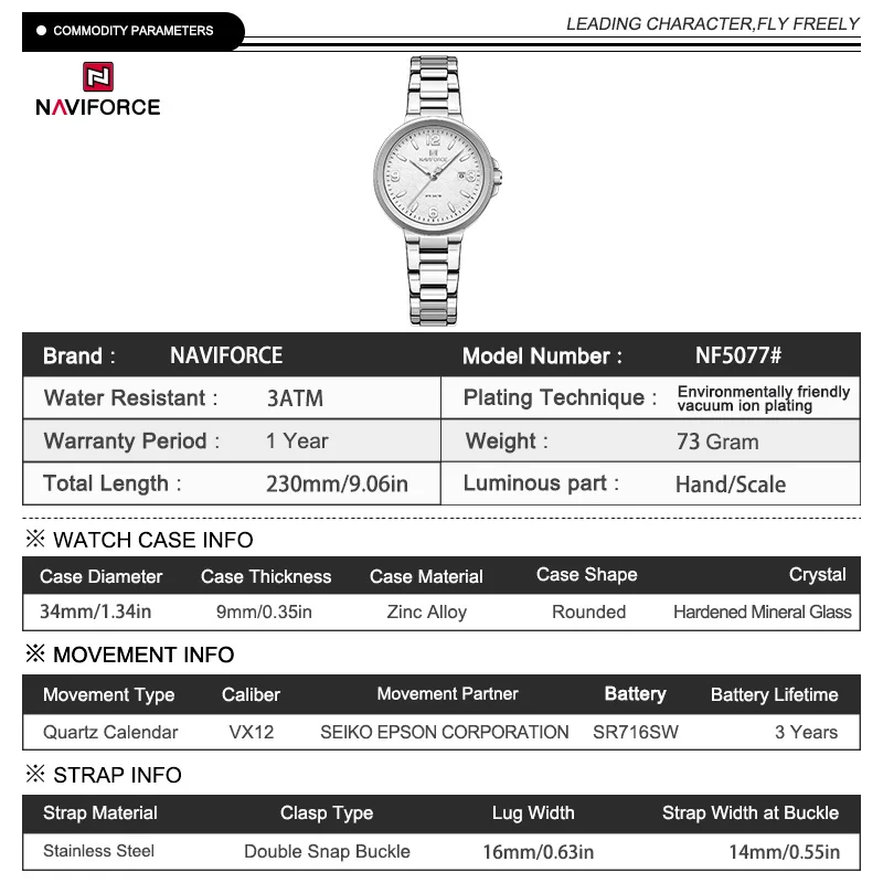 NAVIFORCE NF5077 Elegant Ladies Quartz Watches Luminous Hands Date Display Stainless Steel Strap Watches for Woman