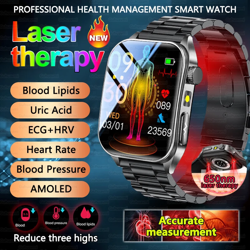 

2025 New Physical Laser Therapy Smart Watch Man Health Tracker Blood Lipids Uric Acid Watches Bluetooth Call ECG+PPG Smart Watch