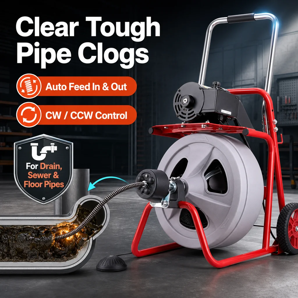 Electric Drain Cleaner Machine 75 FT x 1/2 Inch, Auto Feed Sewer Snake with 8 Interchangeable Cutters, Air-Activated Foot Switch, Fwd/Rev, Solid Steel Core Cable, Portable on 7.5