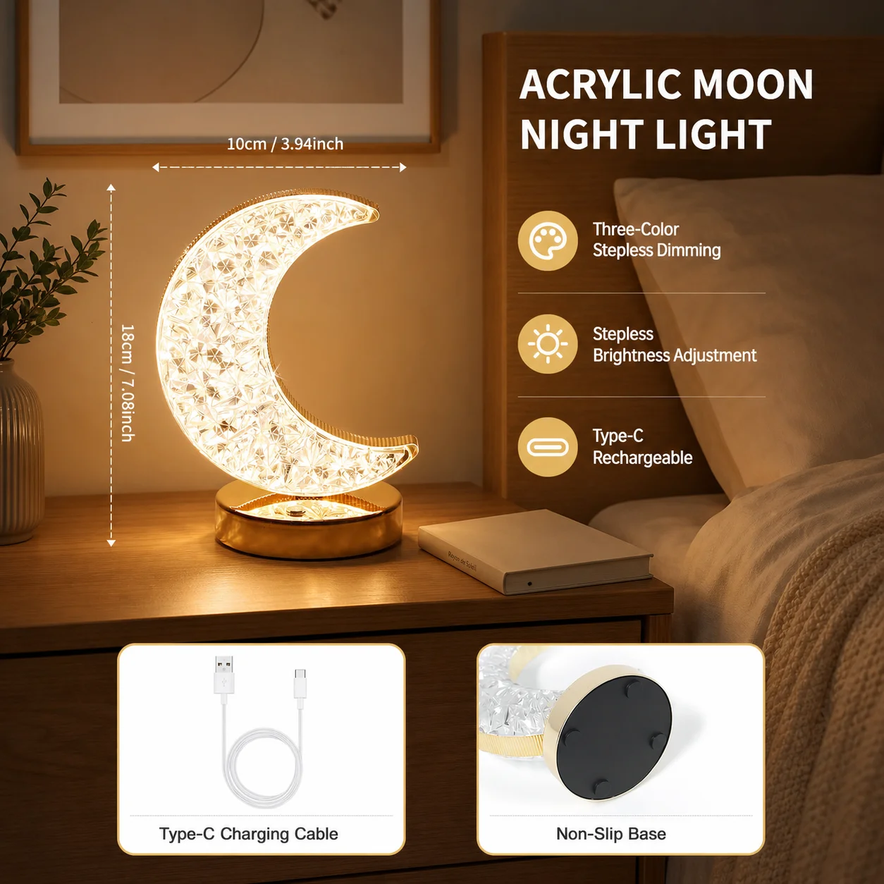 WWPPU USB Charging Touch‑control LED Table Lamp, Moon Decor Ambient Night Light for Bedroom Outdoor Bar Desktop