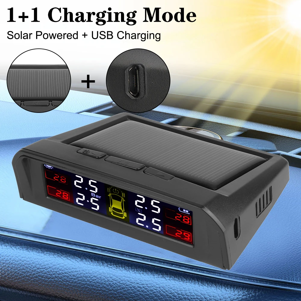 USB Solar Powered Car TPMS Wireless Tire Pressure System LCD Display + 4 External Sensors Intelligent Temperature Warning