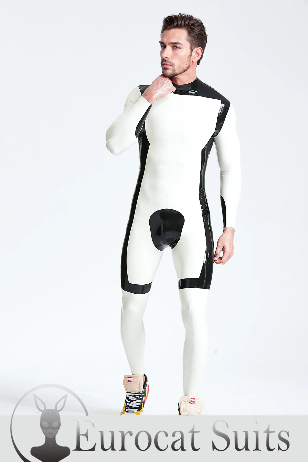 

catsuits rubber men's white black latex full body suit long sleeve rubber zentai eurocat latex fetish clubwear customized