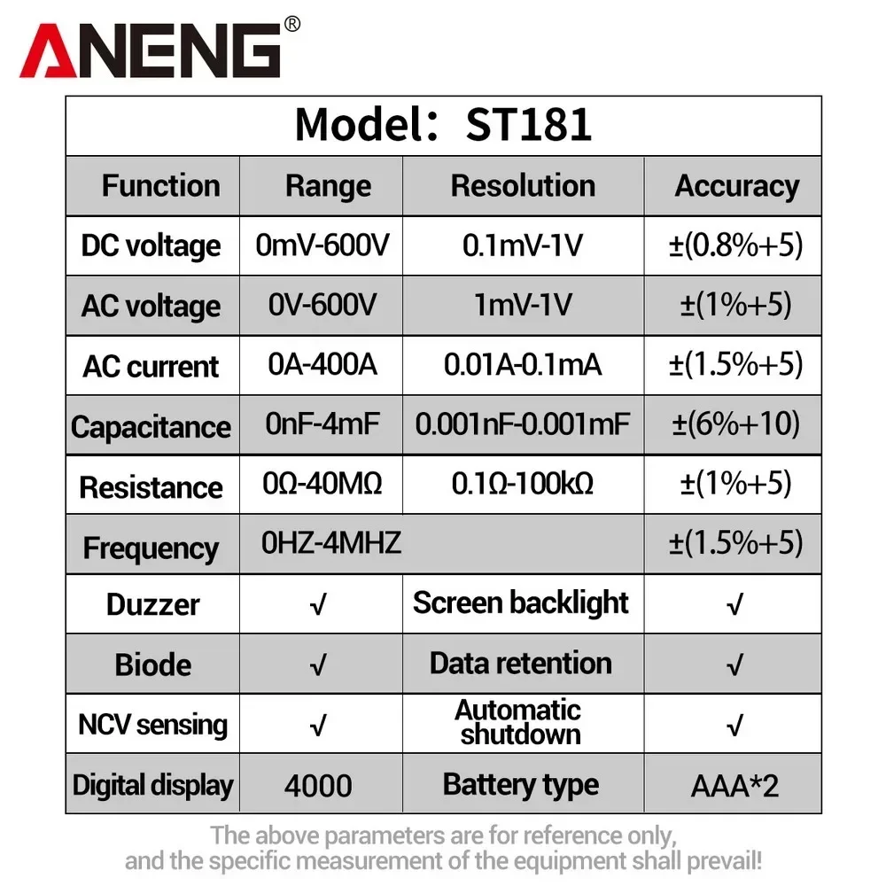 ANENG ST181 Hochpräzises Zangenmessgerät, Multimeter, 4 OOA AC-Strommesser, AC/DC-Spannung, Kapazität, Widerstand, NCV-Induktionswerkzeuge