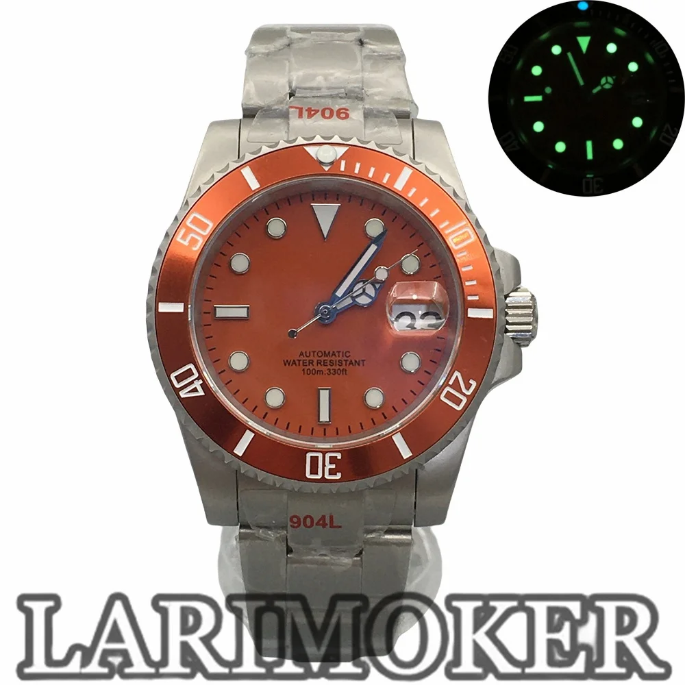 Larimoker 40.5Mm Duiken Automatische Mechanische Nh35 Pt5000 Move Heren Horloges Oranje Wijzerplaat Keramische Bezel Saffier Waterdicht Horloge