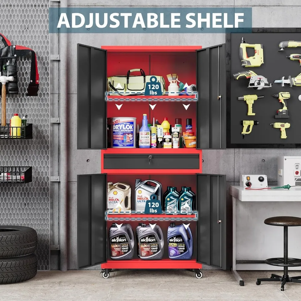Czerwona metalowa szafka do przechowywania w garażu z kółkami, szufladą na kółkach i szafką z drzwiami do organizacji piwnicy