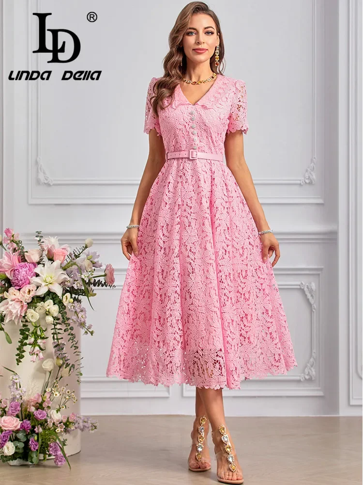 

LD LINDA DELLA Summer Runway Vacation Dress Women's Vintage Solid Color Flowers Embroidery Sashes Hollow Out Temperament Dresses