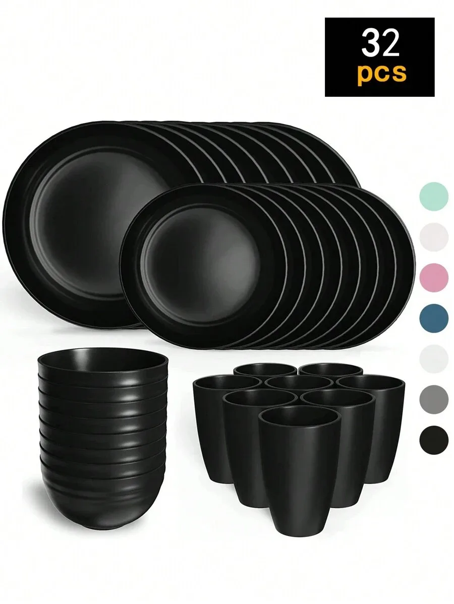 4/16/24pcs Reusable plastic tableware set, including plates, bowls and cups. Suitable for family picnics and school supplies