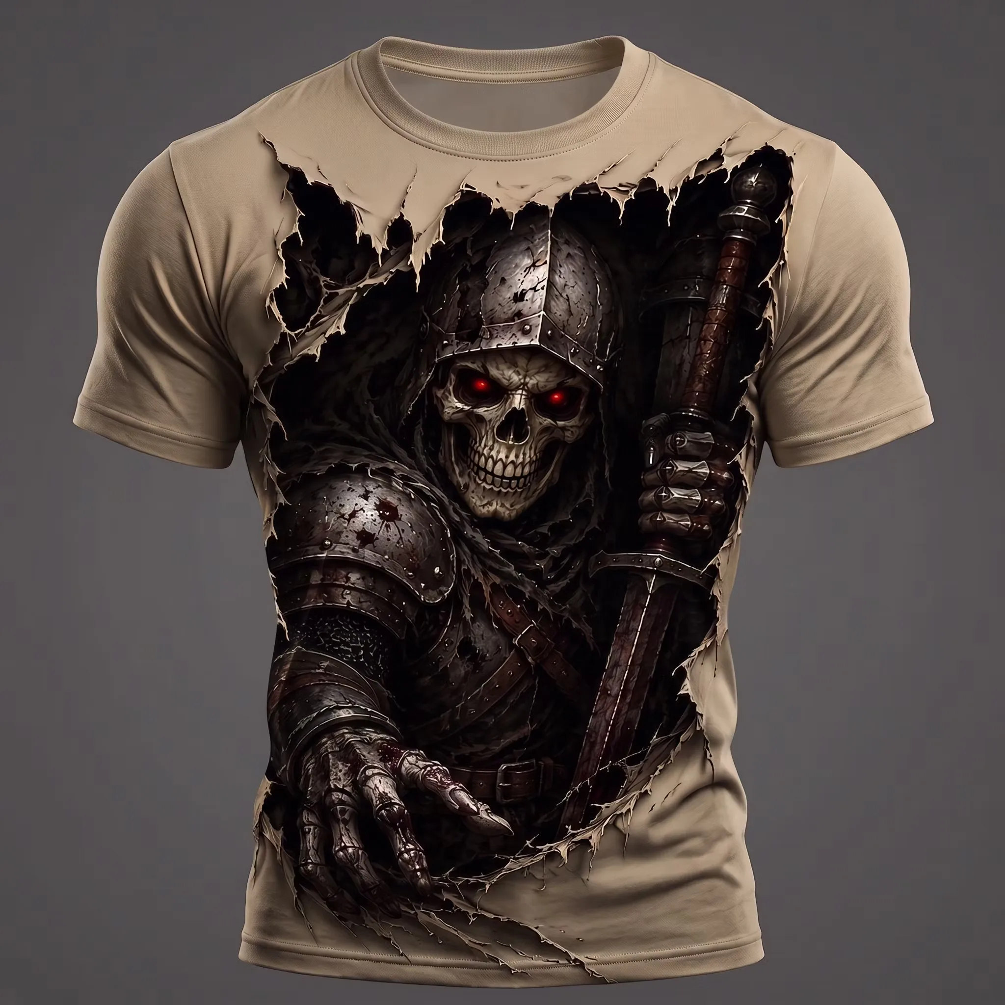 Herren-T-Shirt mit leuchtendem Jack-o'-Lantern-Kürbis-Print, Halloween-Gruselgesicht mit Risseffekt, O-Ausschnitt, kurze Ärmel, Streetwear-T-Shirt. – Detail 2