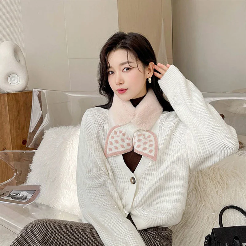 

2023 Women's Korean Knitted Bow Short Warm Fur Scarf Thickened Rex Rabbit Hair Sweet Temperament Neck Winter New Gift