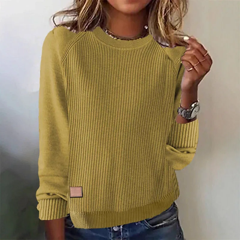 

Retro Solid Ribbed Knitted Sweater Jumper Woman Casual Round Neck Waffle T Shirts Long Sleeve Autumn Top Pullover Harajuku Mujer
