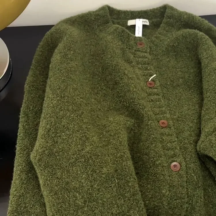 

Seaweed Green Knitted Cardigan Loose Autumn Winter Korean Idle Style Soft Sweaters Coat Vintage Women Thick Tops Jacket