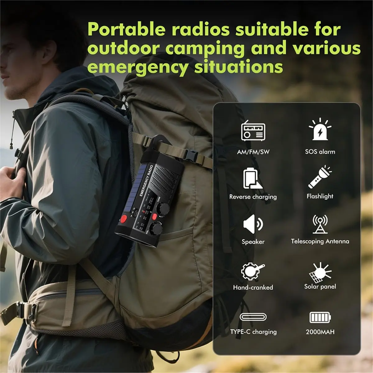 New Emergency Radio with SOS Alarm, AM/FM/SW & Flashlight Solar/Hand Crank Charging for Outdoor Survival