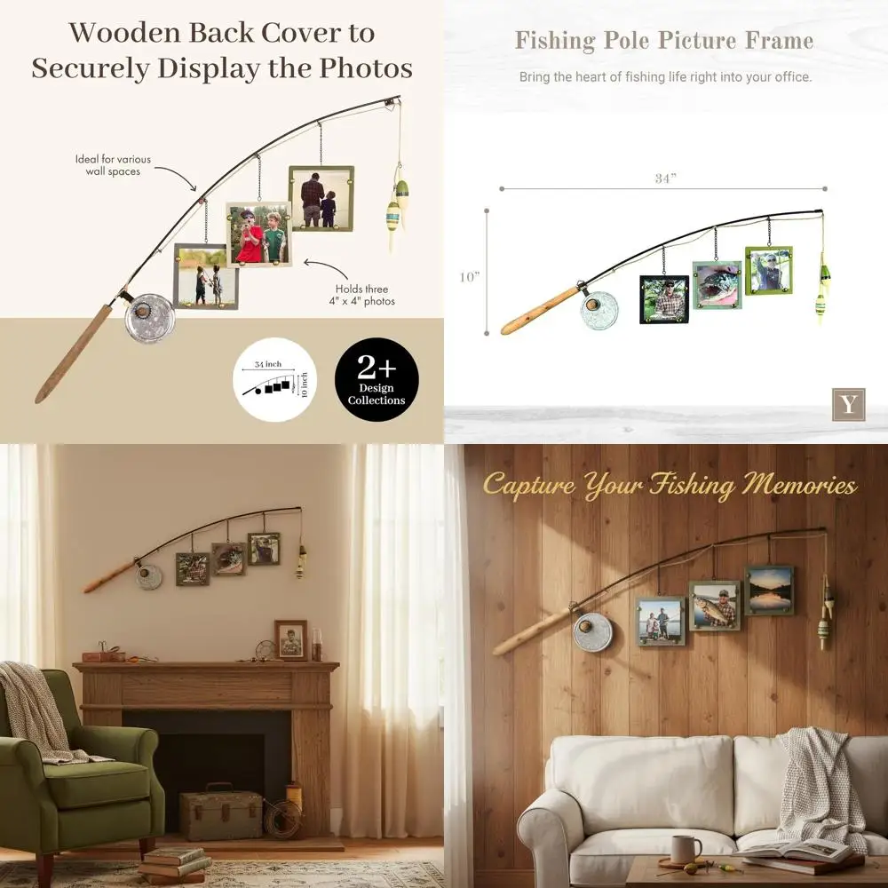 

Тройная фоторамка в деревенском стиле для любителей рыбалки: декор дома озера с подвесными рамками 4x4