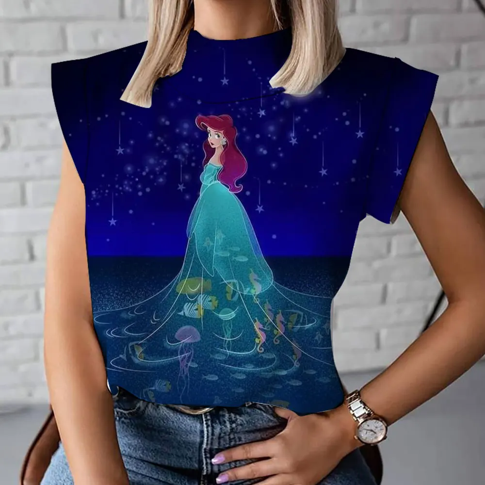 

2023 Ariel Mermaid Cartoon Print Summer New Harajuku Casual Versatile Women's High-end Turtle Neck T-Shirt Vest Bottoming Shirt