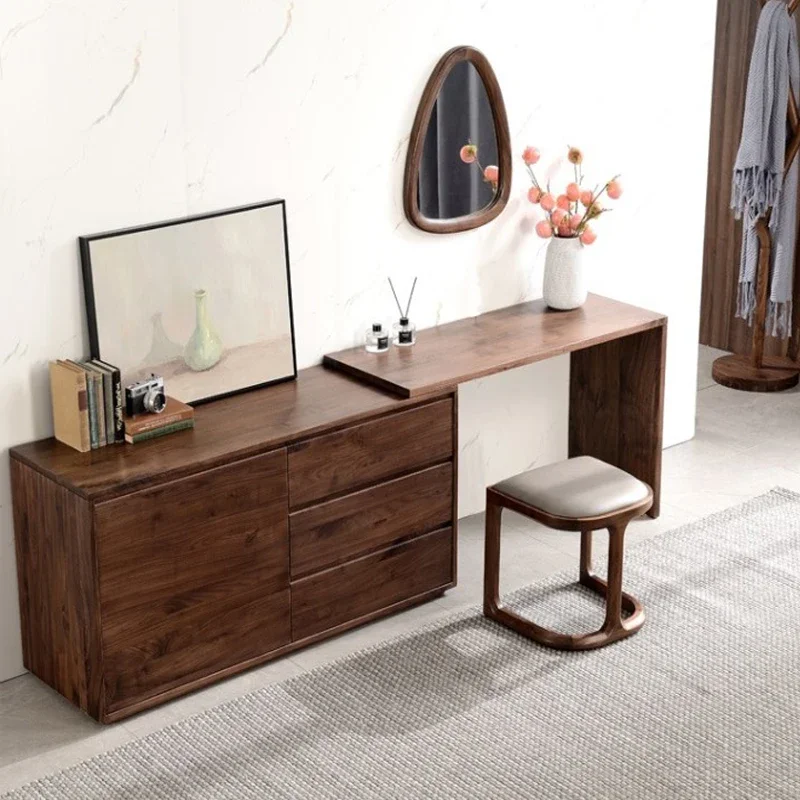 Nordic all-black walnut dresser storage cabinet integrated simple desk storage chest retractable mobile table