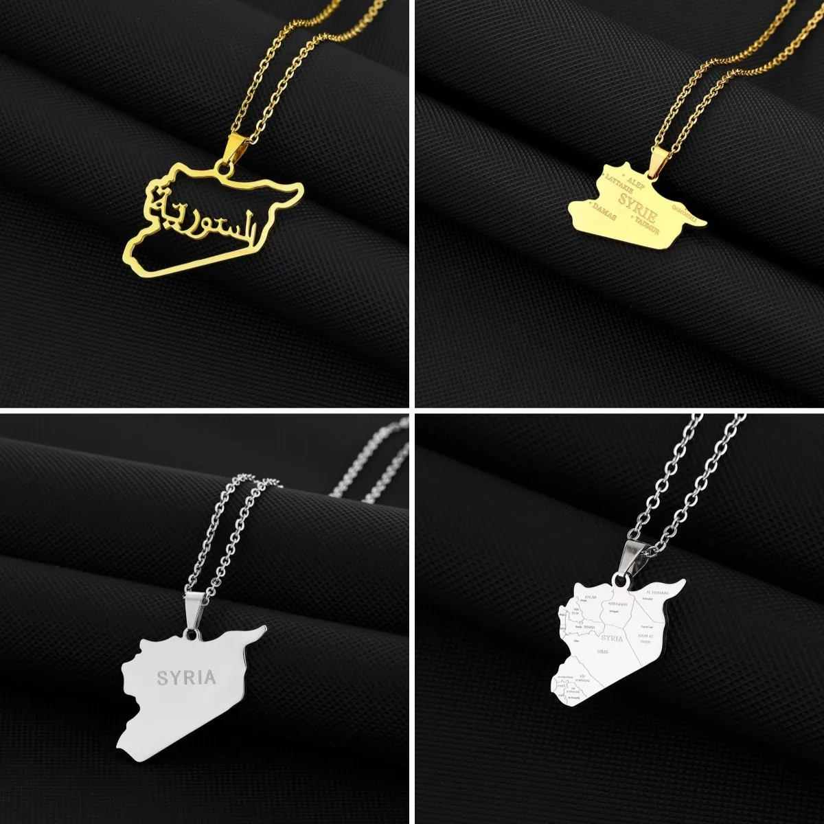 Stainless Steel Metal Syria Map Pendant Necklace Fashion Simple Men Women Sweater Chain New Hollow Out Syrian Map Letters Chain