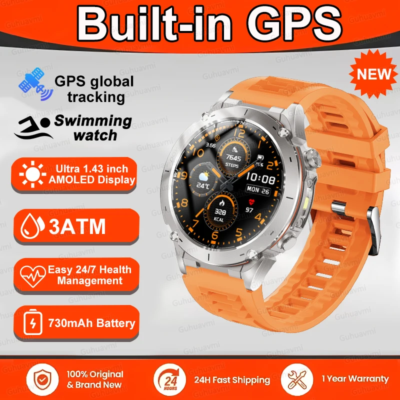 GUHUAVMI 2025 Original GPS Smart Watch Männer 1,43'' AMOLED HD Bildschirm Kompass BT Anruf 3ATM Wasserdicht SWIM 730 mAh Sport Fitness Smartwatch 5