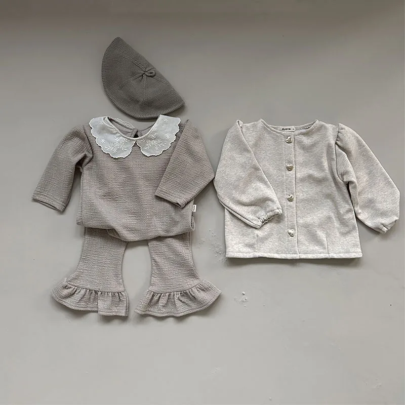 Baby Clothing Korean Style Spring and Autumn Cardigan Girls Round Neck Cotton Casual Simple Solid Color Cute Sweet Girls Coat