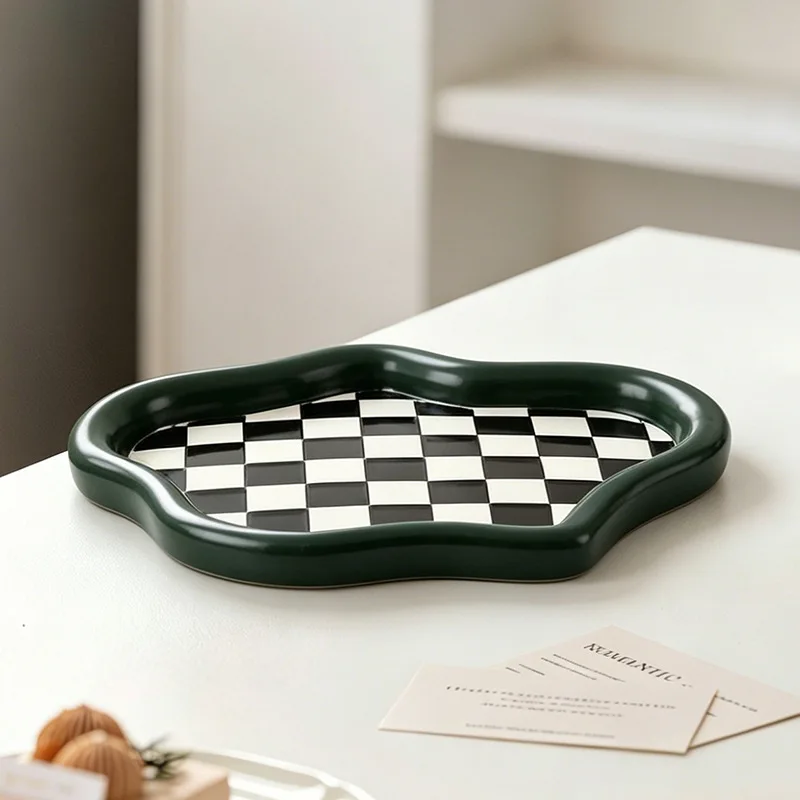 Geometric Tray Irregular Cloud-shaped Fruit Plate Desk Storage Container Checkered Pattern Jewelry Dish Trays Decorative