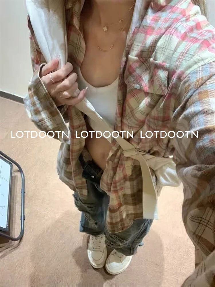 LOTDOOTN Spring New Pink Plaid Shirts Top Women Street Wear Gingham Casual Long Sleeve Top Single-Breasted Oversize Shirt Ladies