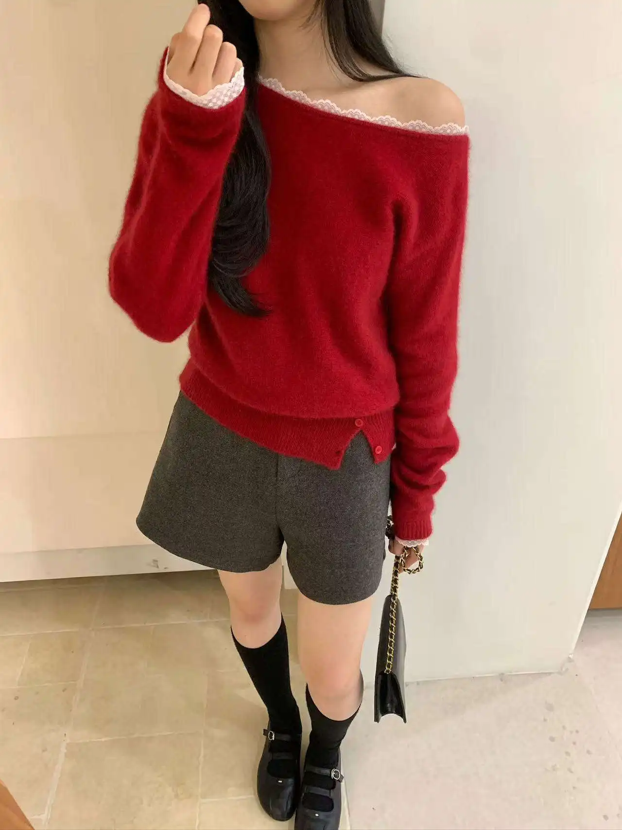 

Lace One oulder Bear Velvet Autumn Winter Sweater Gentle Sle Loose Fit Soft Long Sve round Ne Warmth Casual Single P...