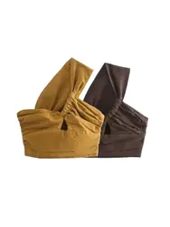 Women Sexy Fashion Pleated Asymmetry Linen Crop Tank Tops Vintage One Shoulder Side Zipper Female Camis Mujer