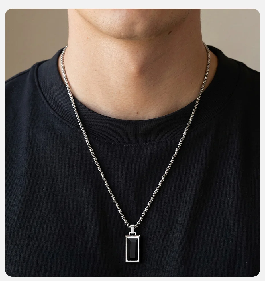 Vnox Edelstahl-Halskette mit rechteckigem Anhänger für Herren, Tigerauge, schwarzer Onyx, Naturstein-Anhänger, Kastenkette, Schmuck, Geschenk – Detail 2