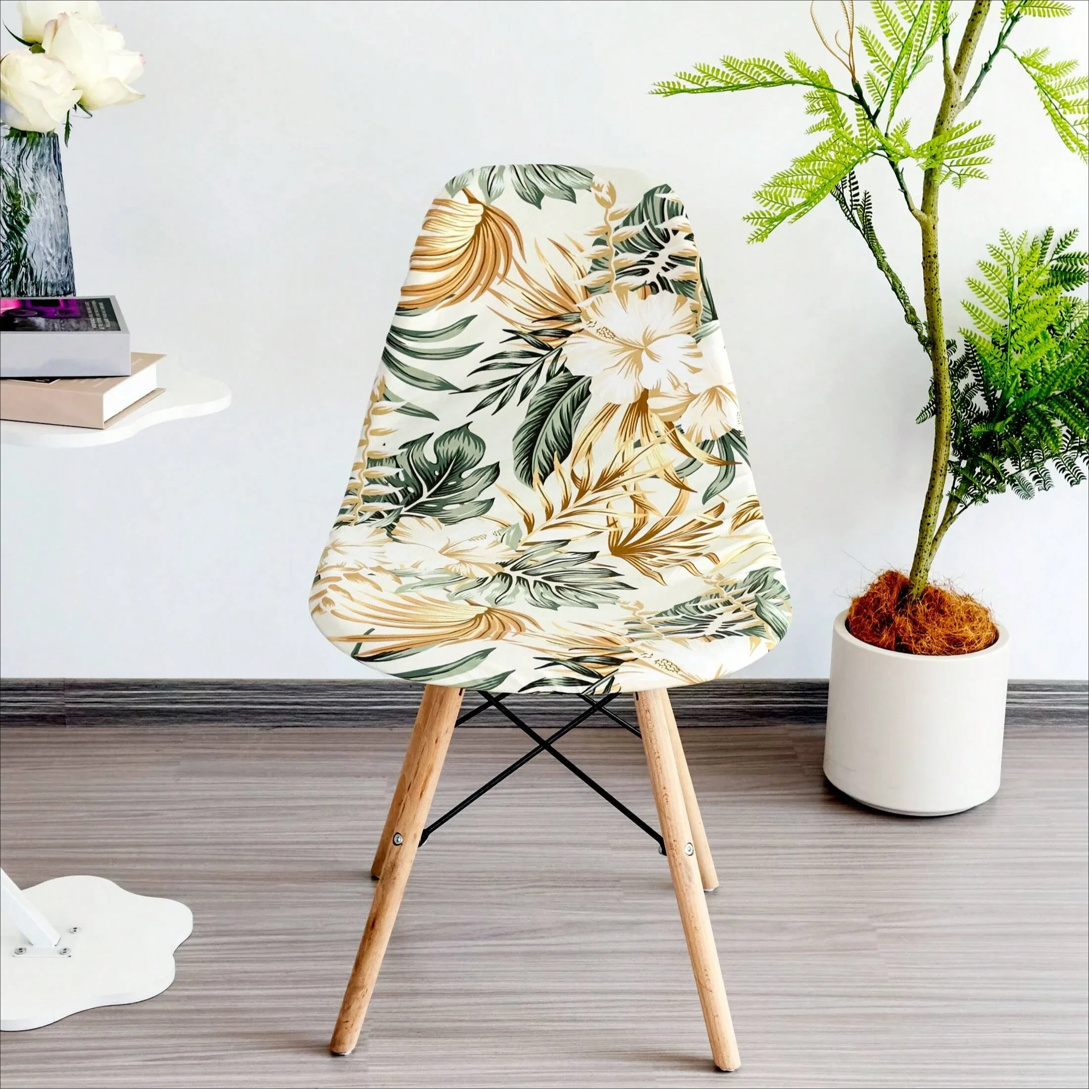 トロピカルプラントプリントチェアカバー,ダイニングチェア,ストレッチ,シルクミルク,カーブシェル,取り外し可能で洗える,モダン,オールシーズン