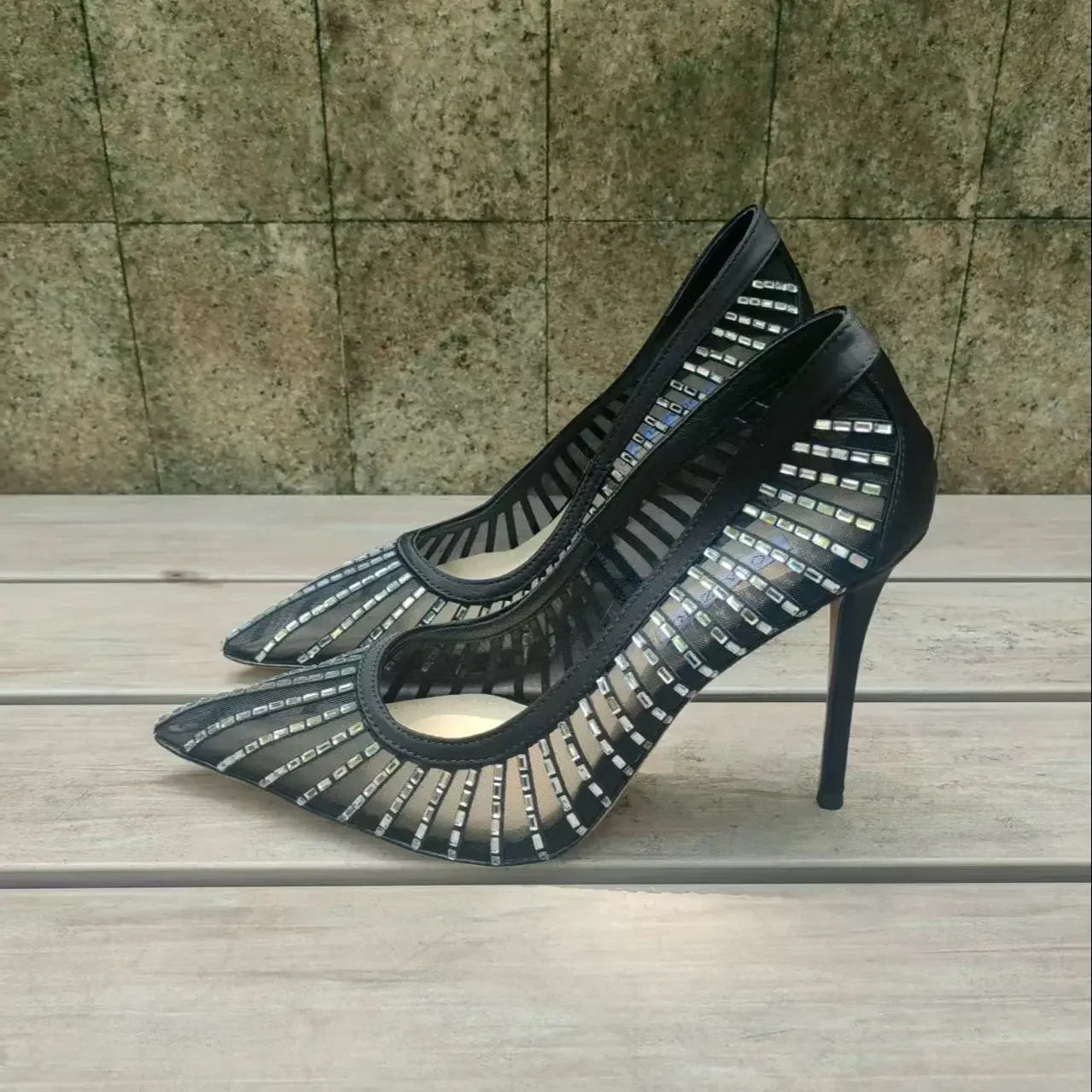 

36-42 Size Pointed Toe Slip On High-End Pumps Female High Heels Bar Rhinestones Decorate Black White Mesh Women's Single Shoes