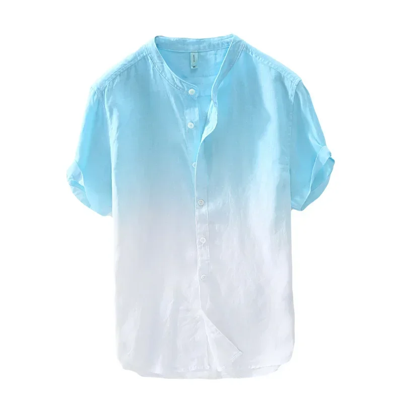 جديد الصيف التدرج مصبوغ الكتان عادية كم قصير قميص الرجال الطازجة نمط الوقوف طوق فضفاض صالح قميص مريح للتنفس